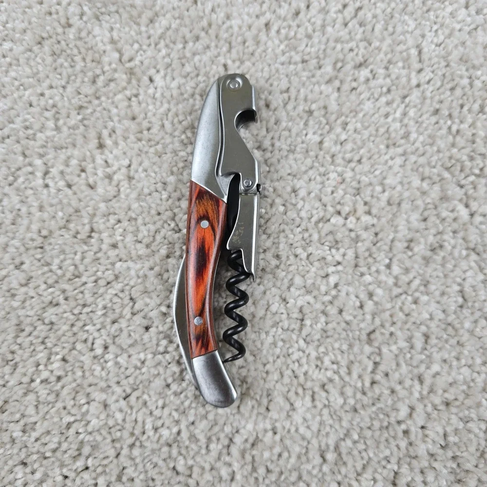 Waiters Corkscrew Wine Opener Brown Wood Inlay Stainless Steel‎ Multi-Tool